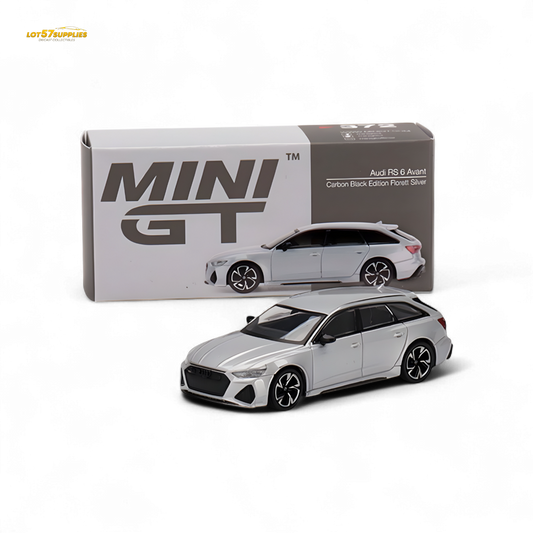 Mini GT Audi RS 6 Avant diecast model in Florett Silver, 1:64 scale, detailed miniature car collectible.