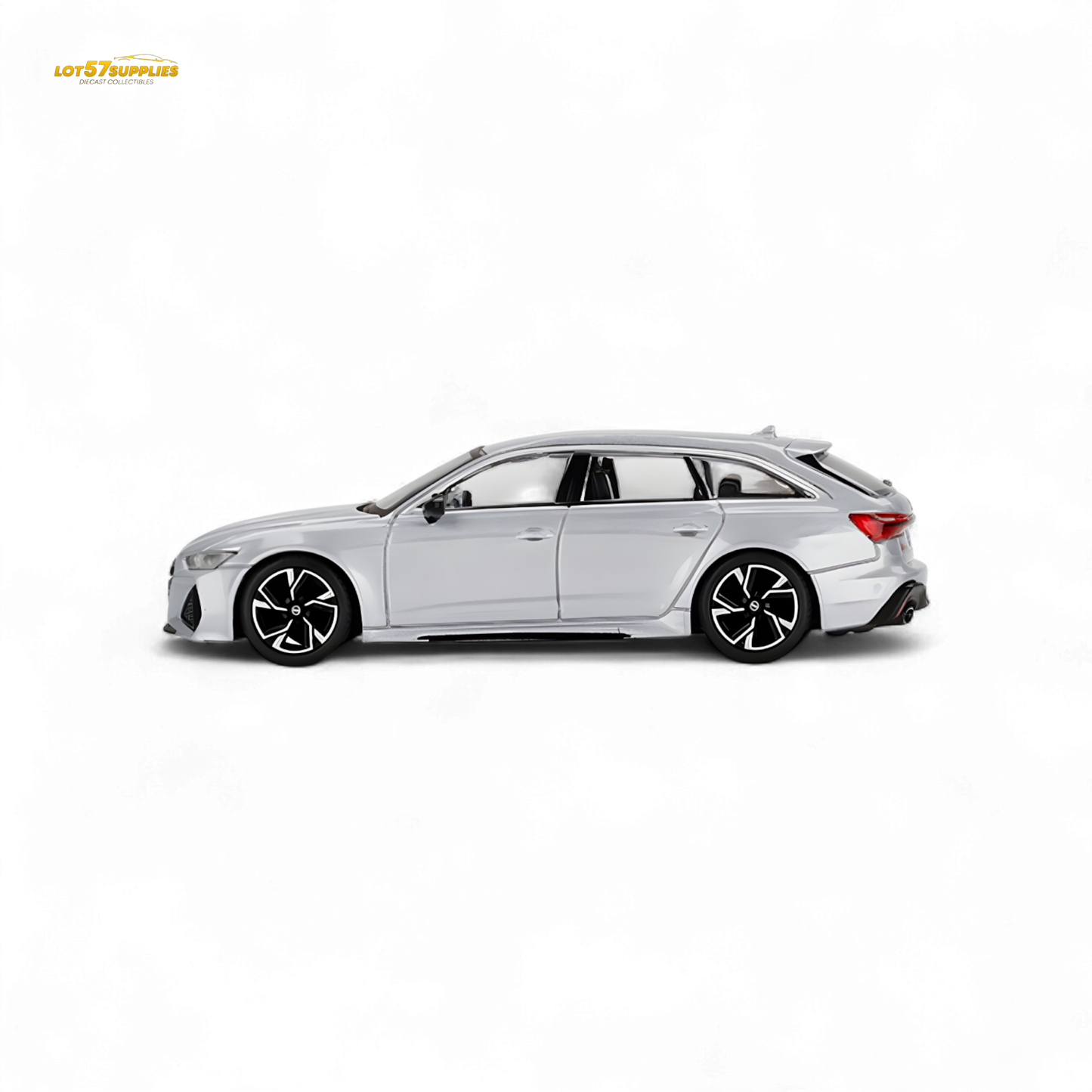 Mini GT Audi RS 6 Avant diecast model in Florett Silver, 1:64 scale, showing detailed exterior and compact design.