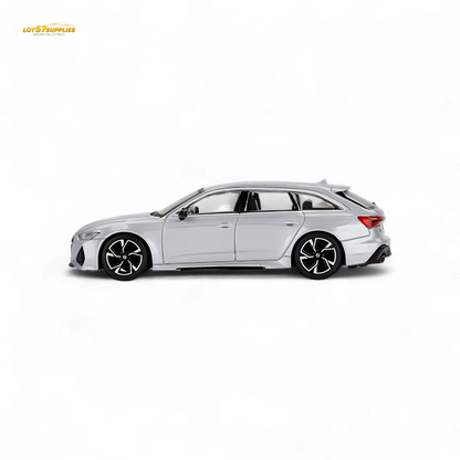 Mini GT Audi RS 6 Avant diecast model in Florett Silver, 1:64 scale, showing detailed exterior and compact design.