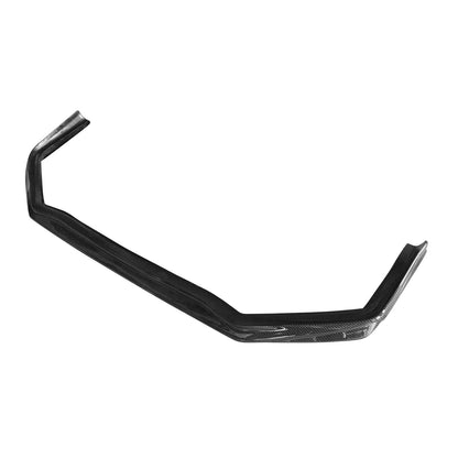 JDMuscle VR style carbon fiber front bumper lip on a 2015-2017 Subaru WRX/STI, close-up view highlighting sleek design and finish