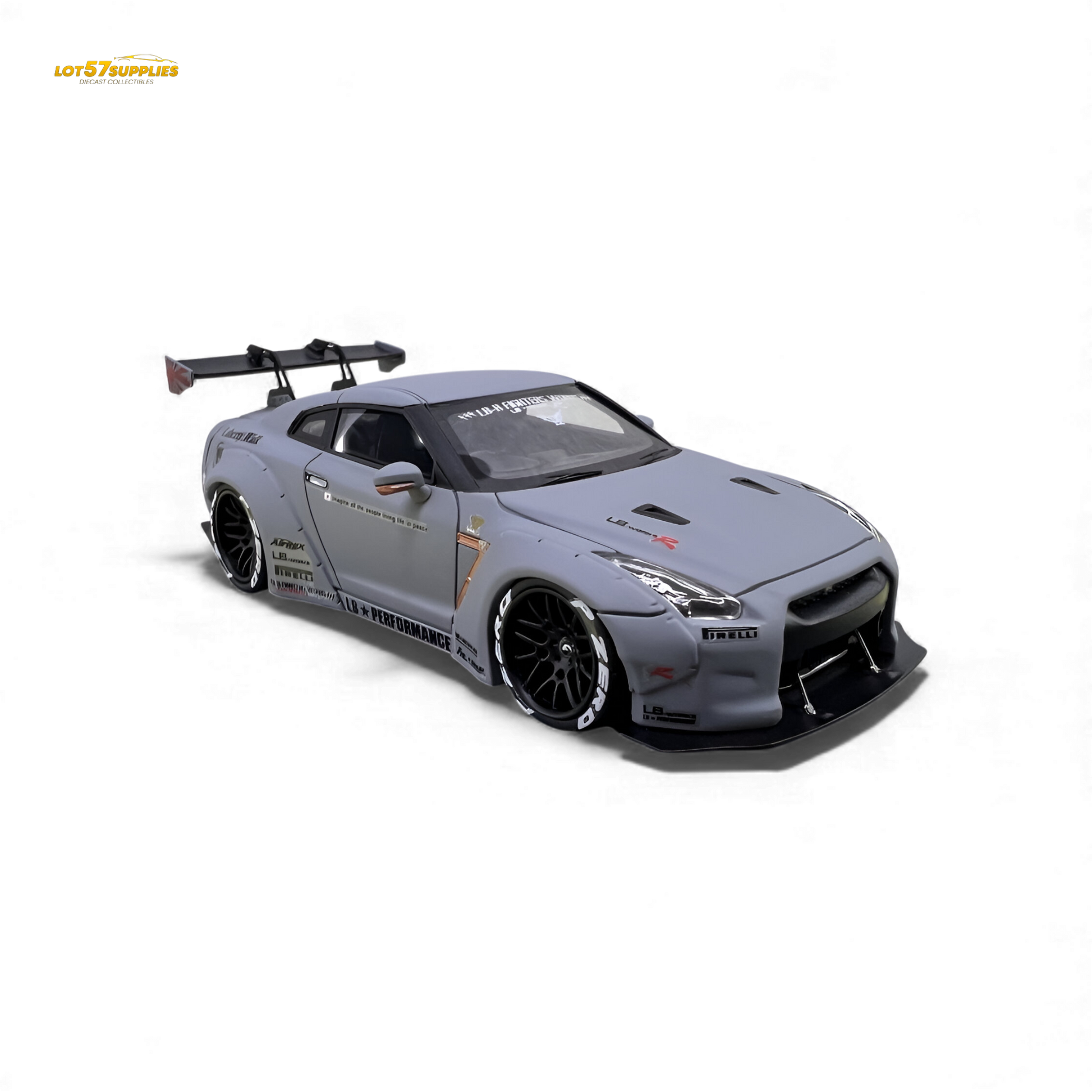 Gray Nissan Skyline GT-R R35 diecast model by LB-Works, 1:64 scale, detailed and realistic miniature car.