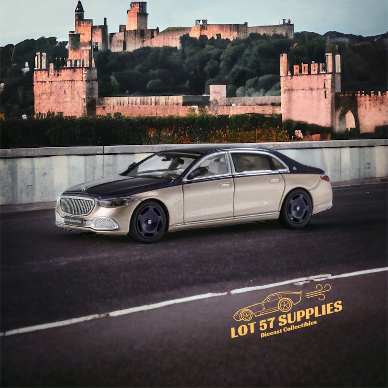 Blue-gold 1:64 Mercedes-Benz Maybach W223 diecast model from AR BOX 2021, showcasing detailed exterior design.