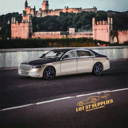 Blue-gold 1:64 Mercedes-Benz Maybach W223 diecast model from AR BOX 2021, showcasing detailed exterior design.