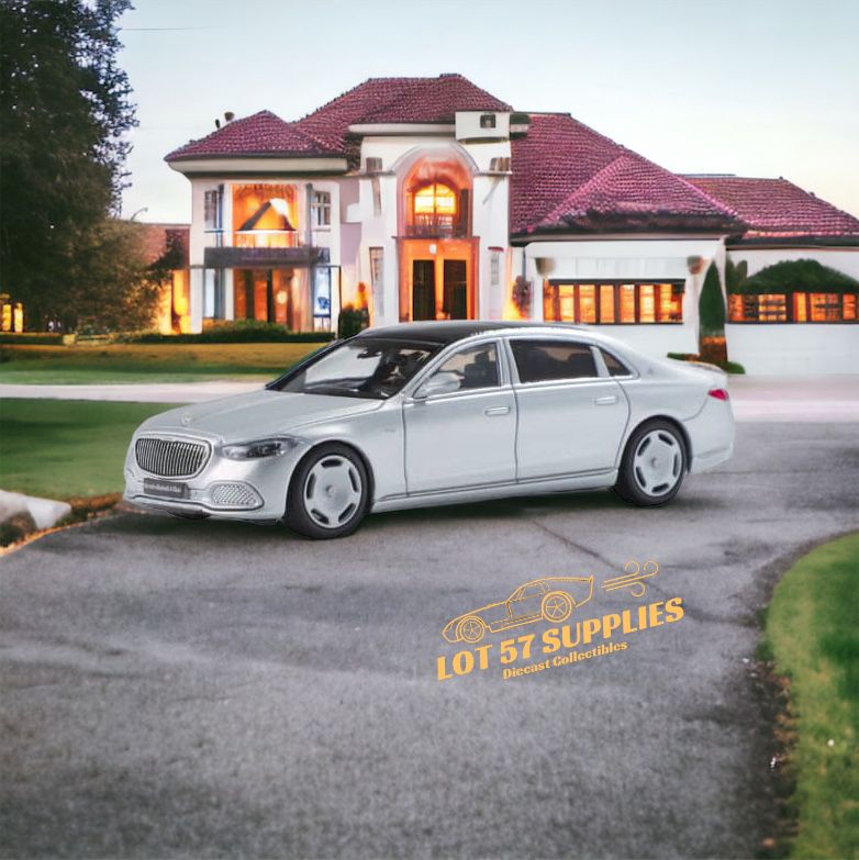 Matte silver 1:64 scale Mercedes-Benz Maybach W223 diecast model by Lot57Supplies, detailed collectible car.