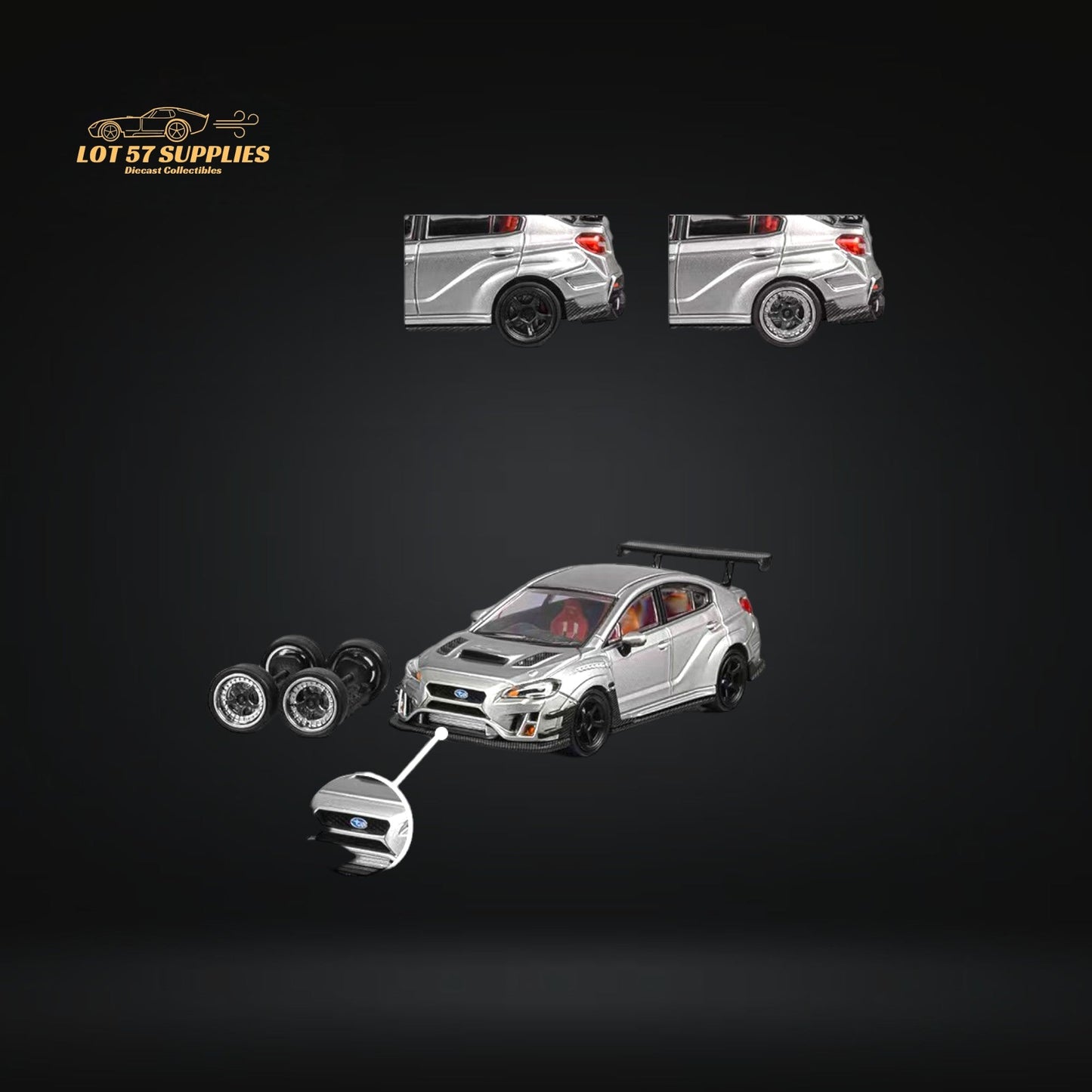 Silver 1:64 scale Subaru WRX STI Varis widebody diecast model by Lot57Supplies, detailed view of the Subaru sports car.