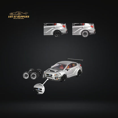 Silver 1:64 scale Subaru WRX STI Varis widebody diecast model by Lot57Supplies, detailed view of the Subaru sports car.