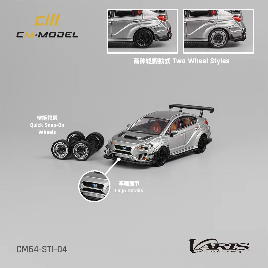 Silver 1:64 scale Subaru WRX STI Varis widebody diecast model by Lot57Supplies, detailed exterior with sporty design.