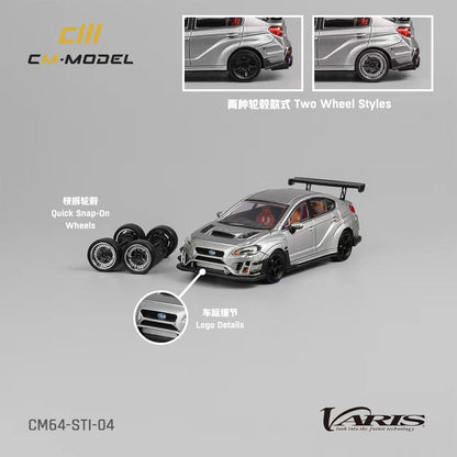Silver 1:64 scale Subaru WRX STI Varis widebody diecast model by Lot57Supplies, detailed exterior with sporty design.