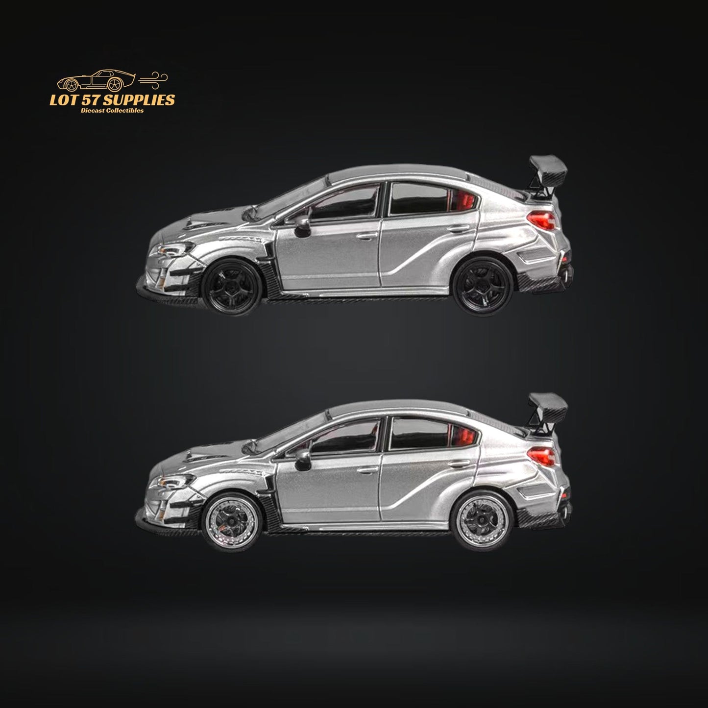 Silver 1:64 scale Subaru WRX STI Varis widebody diecast model by Lot57Supplies, detailed view of the sporty Subaru car.