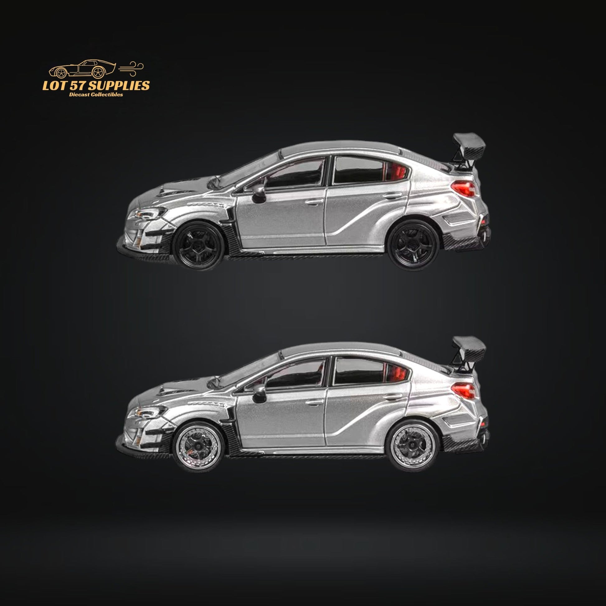 Silver 1:64 scale Subaru WRX STI Varis widebody diecast model by Lot57Supplies, detailed view of the sporty Subaru car.