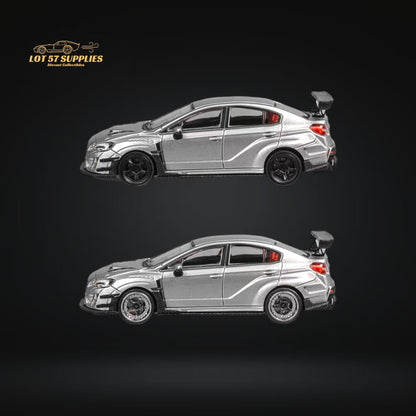 Silver 1:64 scale Subaru WRX STI Varis widebody diecast model by Lot57Supplies, detailed view of the sporty Subaru car.