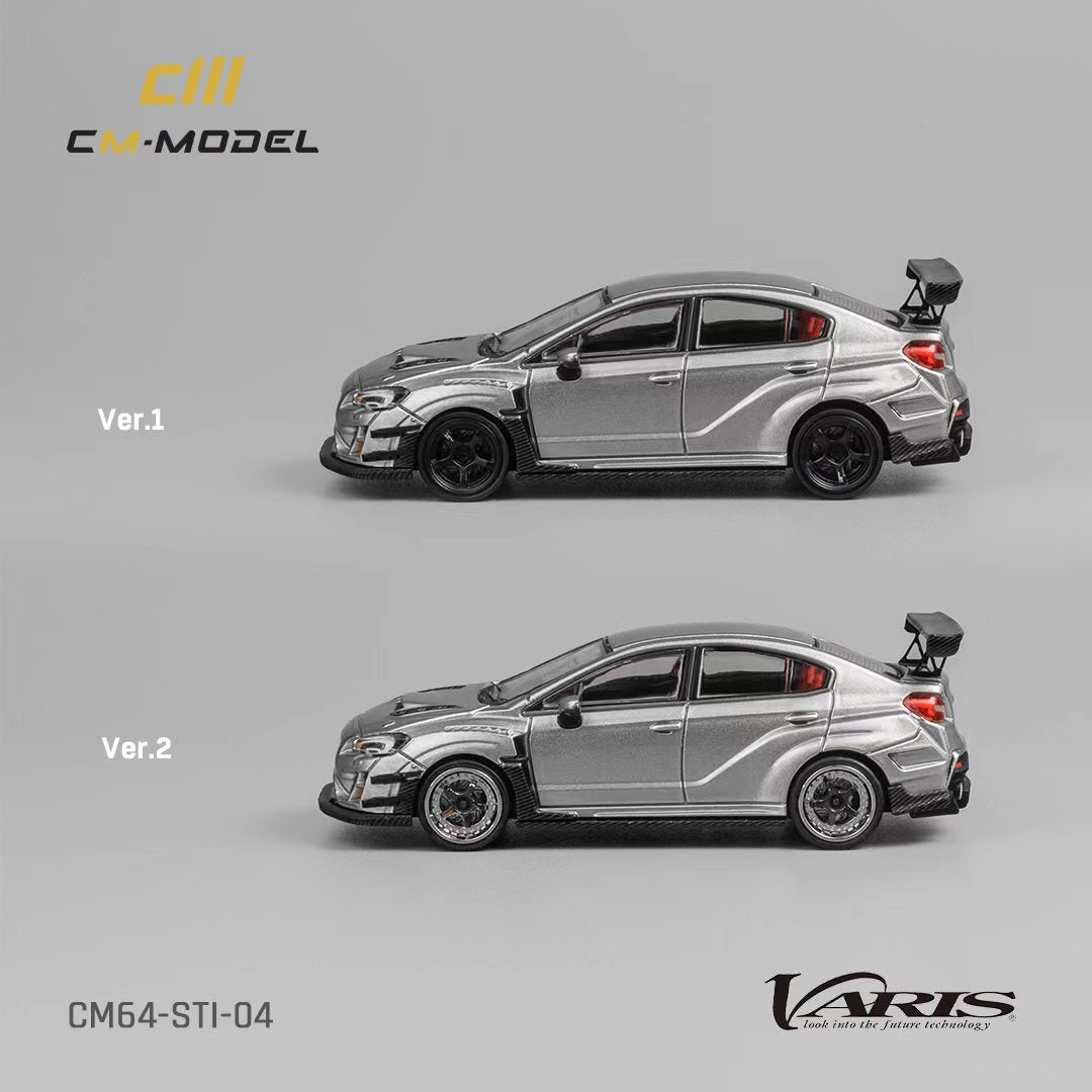 Silver 1:64 scale Subaru WRX STI Varis widebody diecast model by Lot57Supplies, detailed close-up of the miniature car.