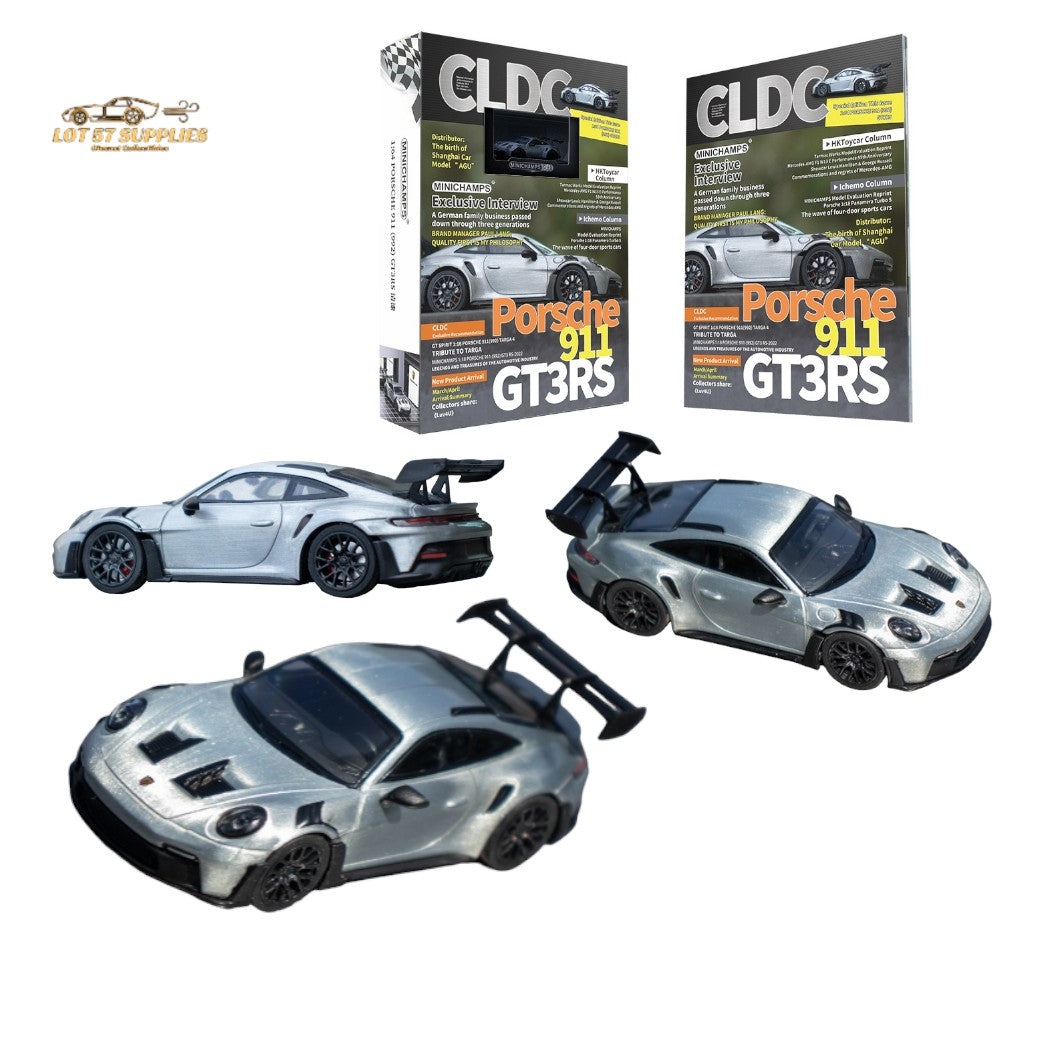 Miniature Porsche 911 GT3 RS diecast model in raw silver, 1:64 scale, showcasing detailed exterior, from Lot57Supplies Diecast Shop.