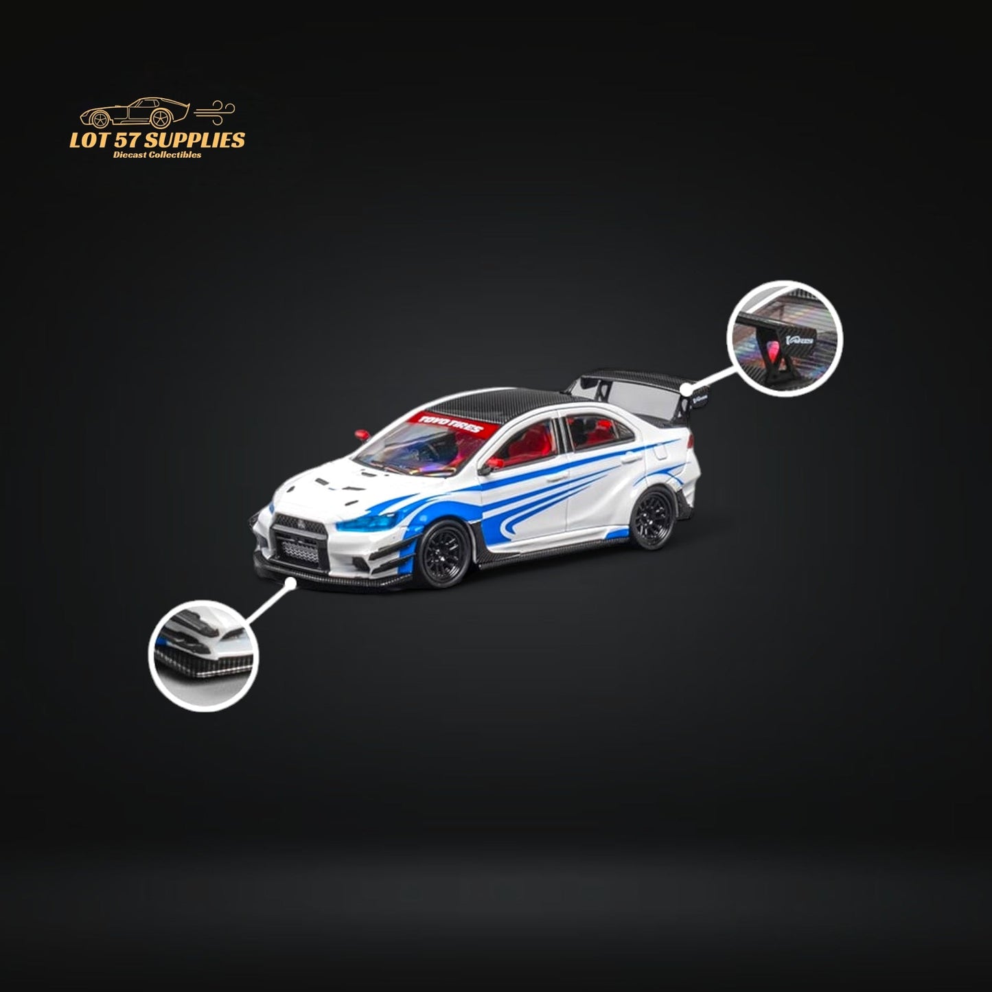Diecast Mitsubishi Lancer Evolution X model by Lot57Supplies, white with blue stripes, detailed miniature car in 1:64 scale