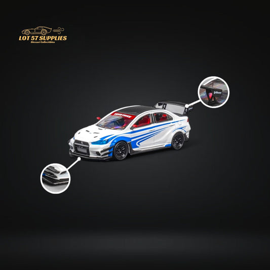 CM Model Mitsubishi Lancer Evolution X Varis White Blue Stripes 1:64 - Evergreen Kings