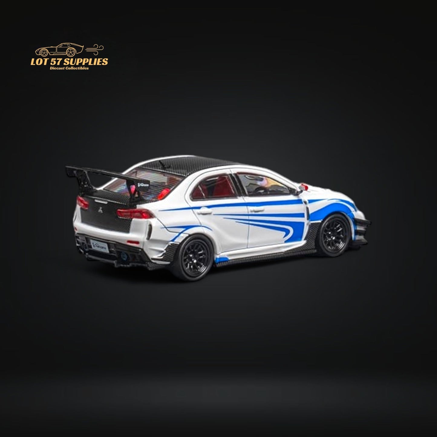 White and blue-striped 1:64 scale Mitsubishi Lancer Evolution X diecast model by Lot57Supplies with Varis body kit.