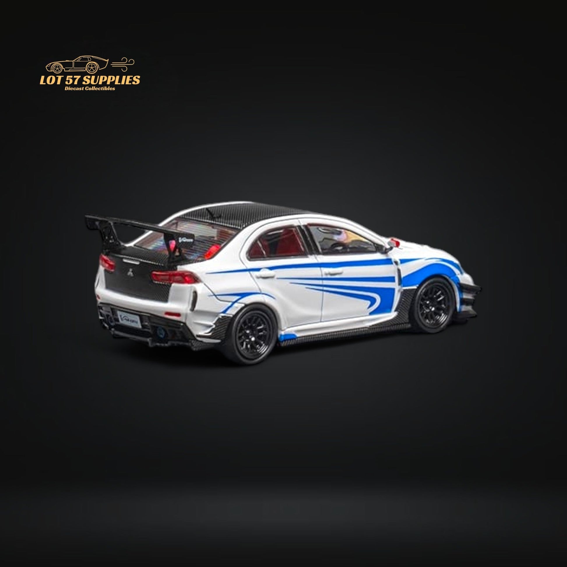 White and blue-striped 1:64 scale Mitsubishi Lancer Evolution X diecast model by Lot57Supplies with Varis body kit.