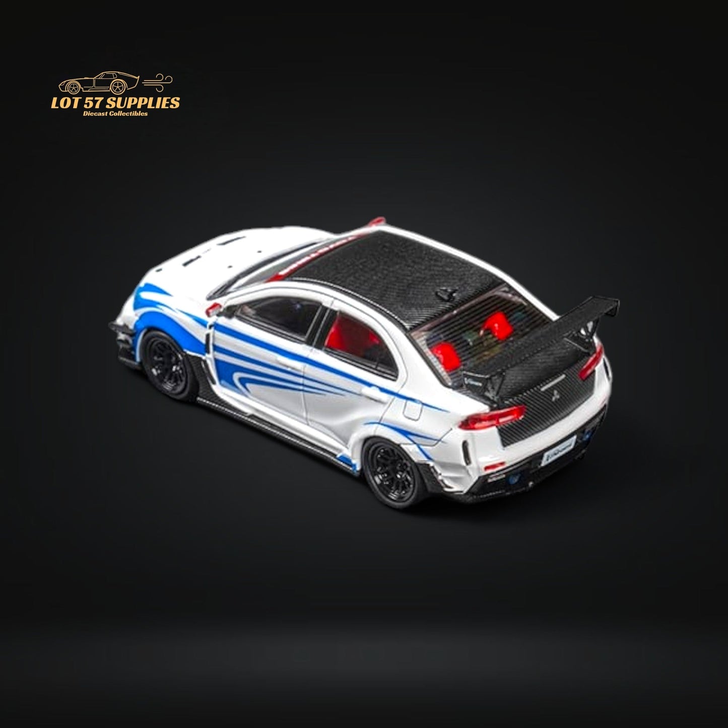 White and blue striped Mitsubishi Lancer Evolution X diecast model by Lot57Supplies, detailed 1:64 scale collectible vehicle.