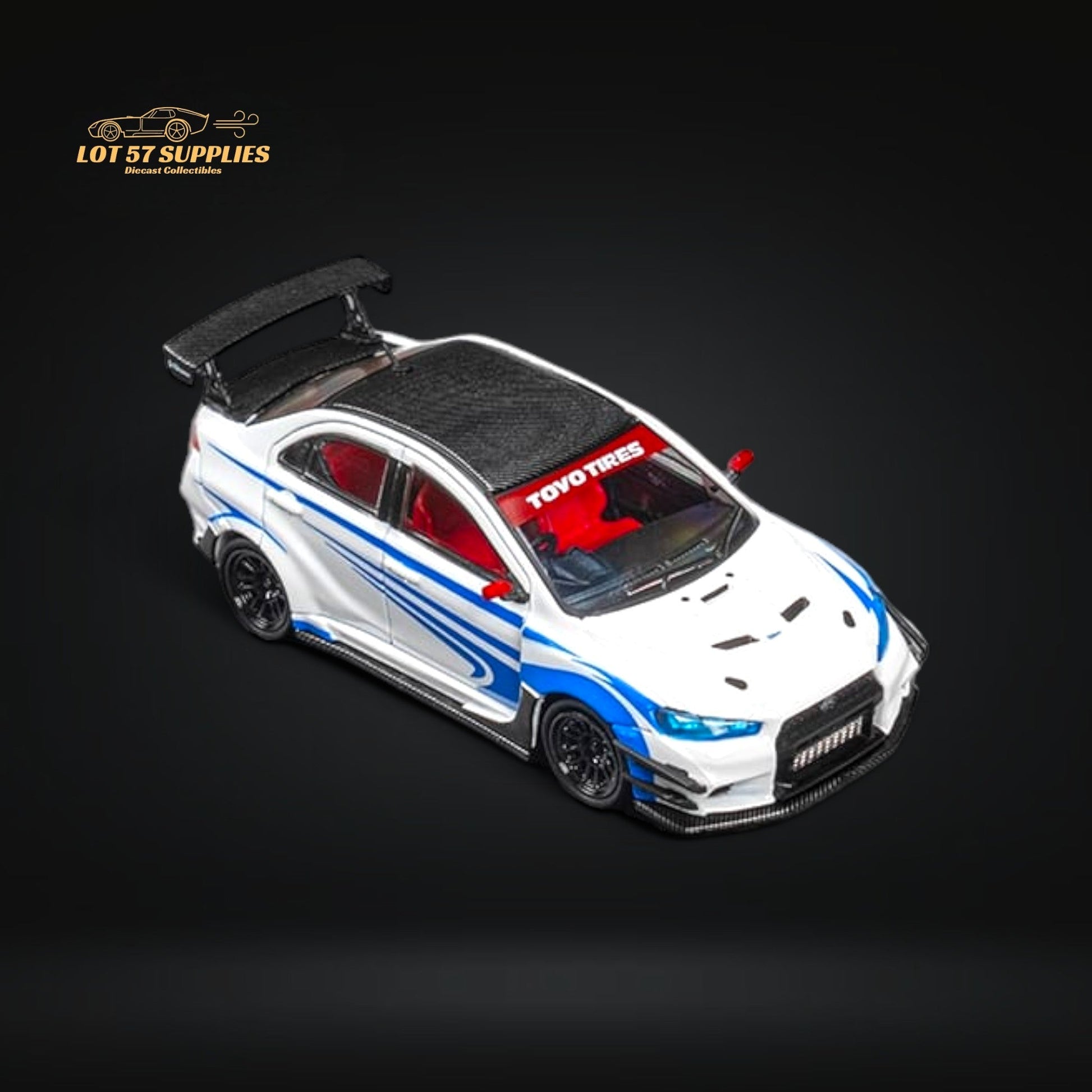 White and blue striped Mitsubishi Lancer Evolution X diecast model by Lot57Supplies, detailed 1:64 scale car with Varis body kit.