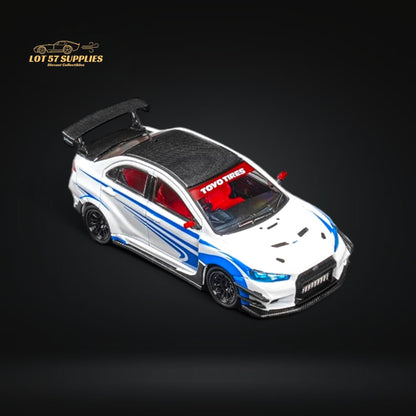 White and blue striped Mitsubishi Lancer Evolution X diecast model by Lot57Supplies, detailed 1:64 scale car with Varis body kit.