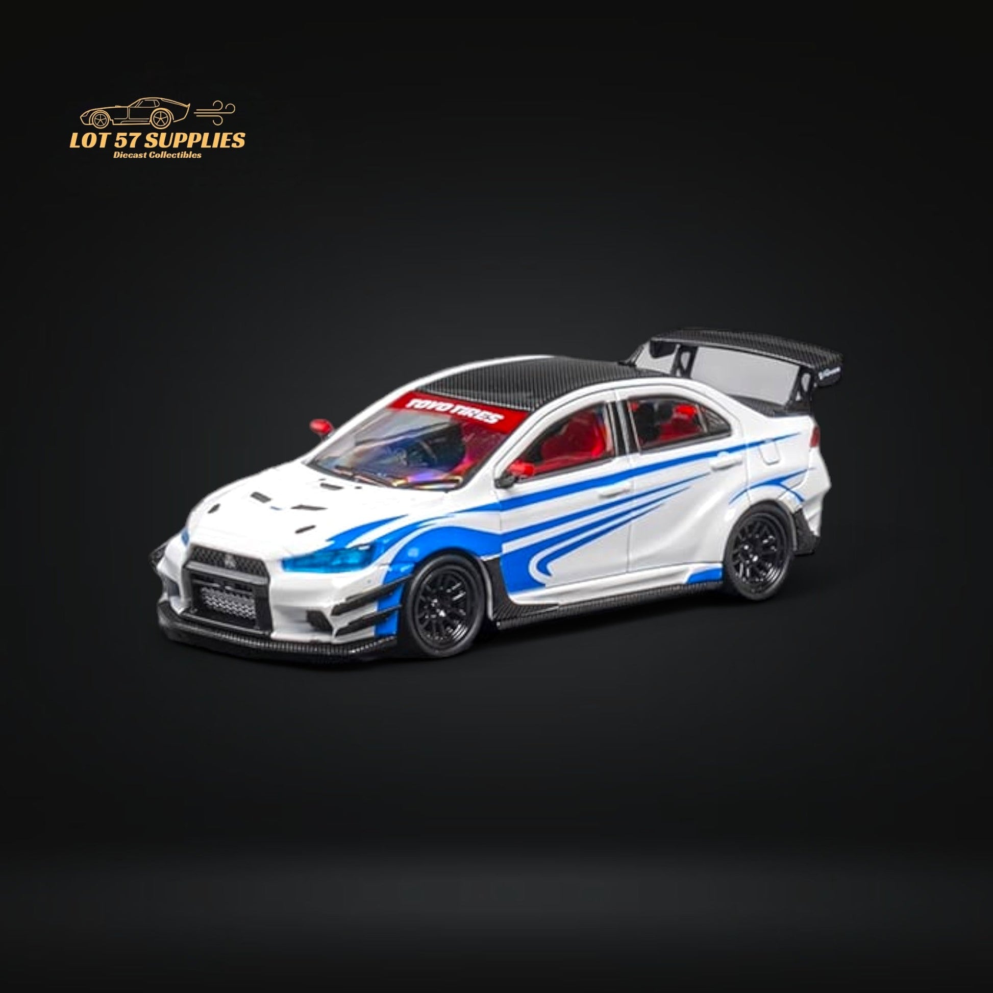 White and blue striped Mitsubishi Lancer Evolution X diecast model by Lot57Supplies, detailed 1:64 scale car from CM Model.