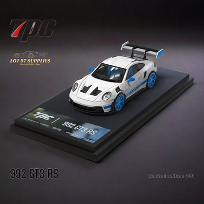 White and blue wheels for Porsche 911 GT3 RS diecast model, detailed 1:64 scale toy car from Lot57Supplies Diecast Shop