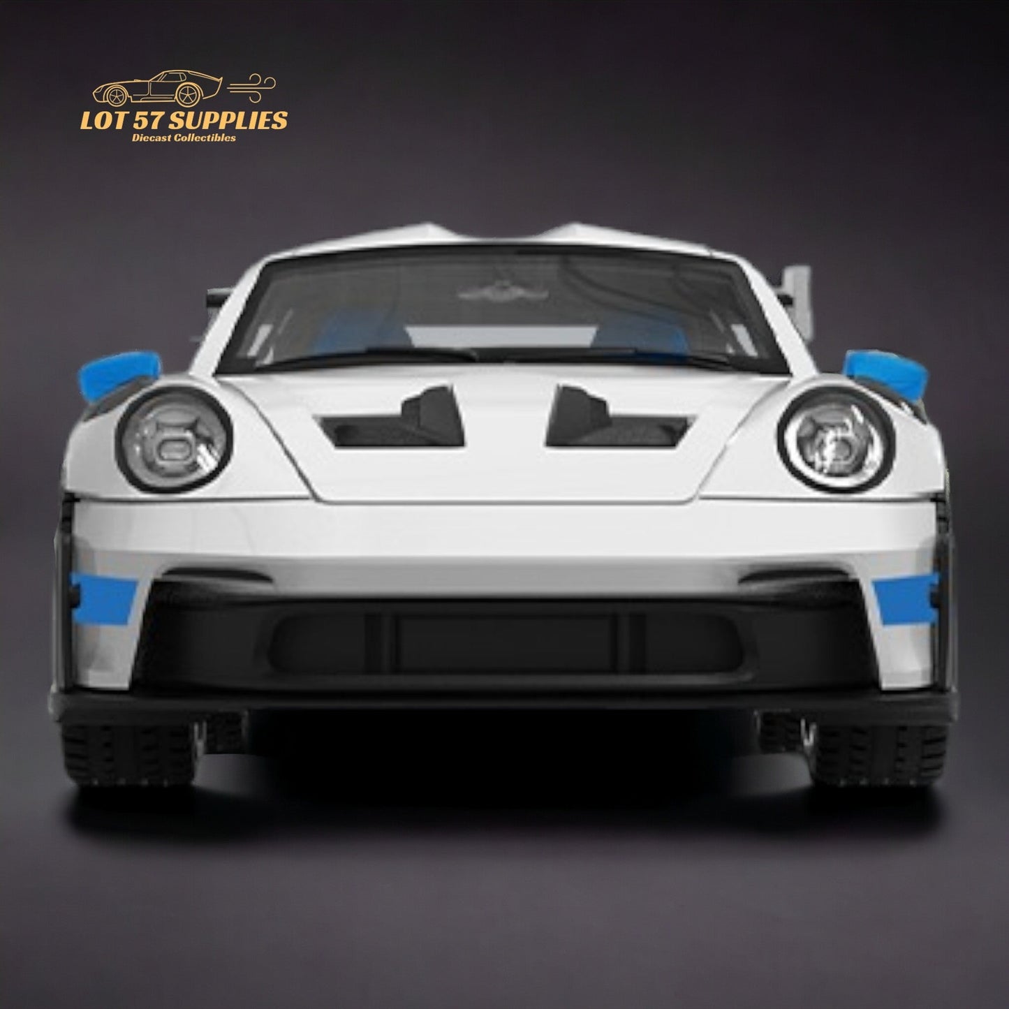 White and blue wheels on a 1:64 scale Porsche 911 GT3 RS diecast model by Lot57Supplies.