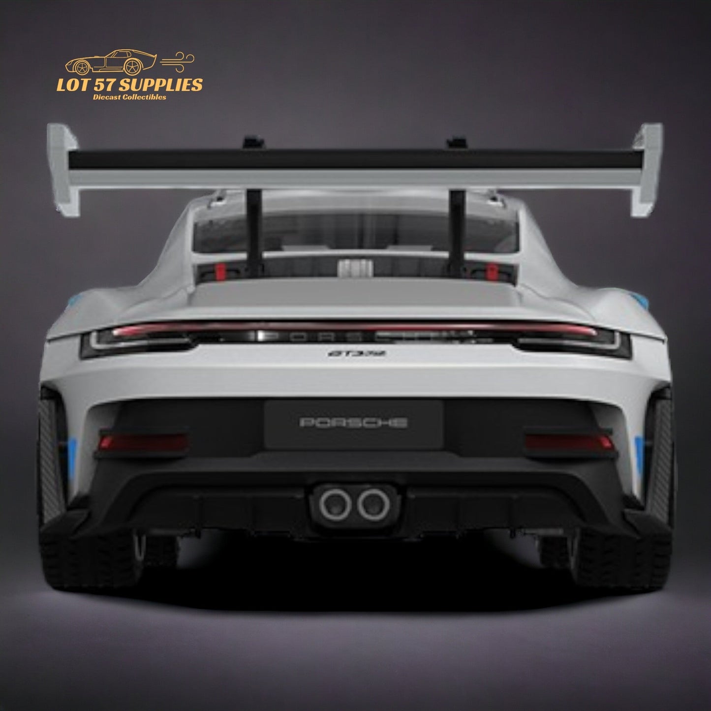 White and blue Porsche 911 GT3 RS diecast model with detailed wheels, 1:64 scale, featuring realistic design and vibrant colors.