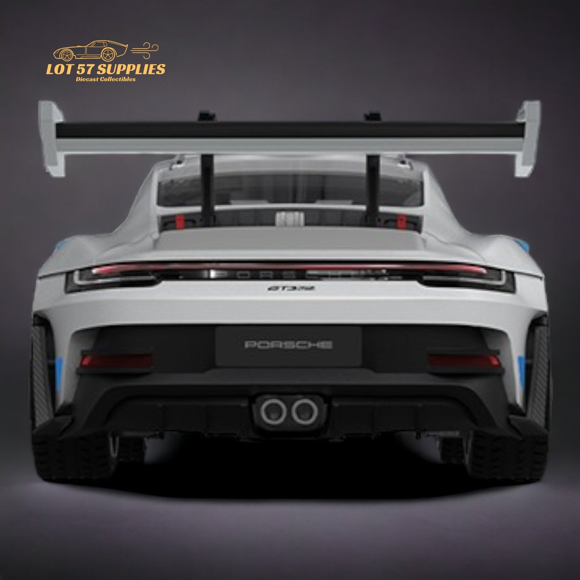White and blue Porsche 911 GT3 RS diecast model with detailed wheels, 1:64 scale, featuring realistic design and vibrant colors.