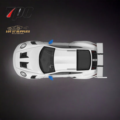 White and blue Porsche 911 GT3 RS diecast model with detailed wheels, 1:64 scale, featuring realistic features and vibrant colors.