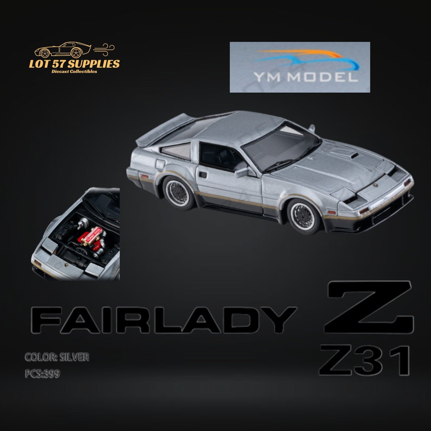 Diecast Nissan Fairlady Z Z31 300SX model car in 1:64 scale, featuring T-shaped roof, by Lot57Supplies Diecast Shop.