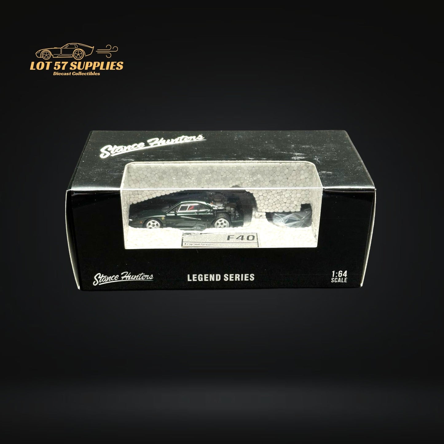Diecast Ferrari Stance Hunters F40 LM model in British Green, 1:64 scale, featuring detailed design and aerodynamic features.