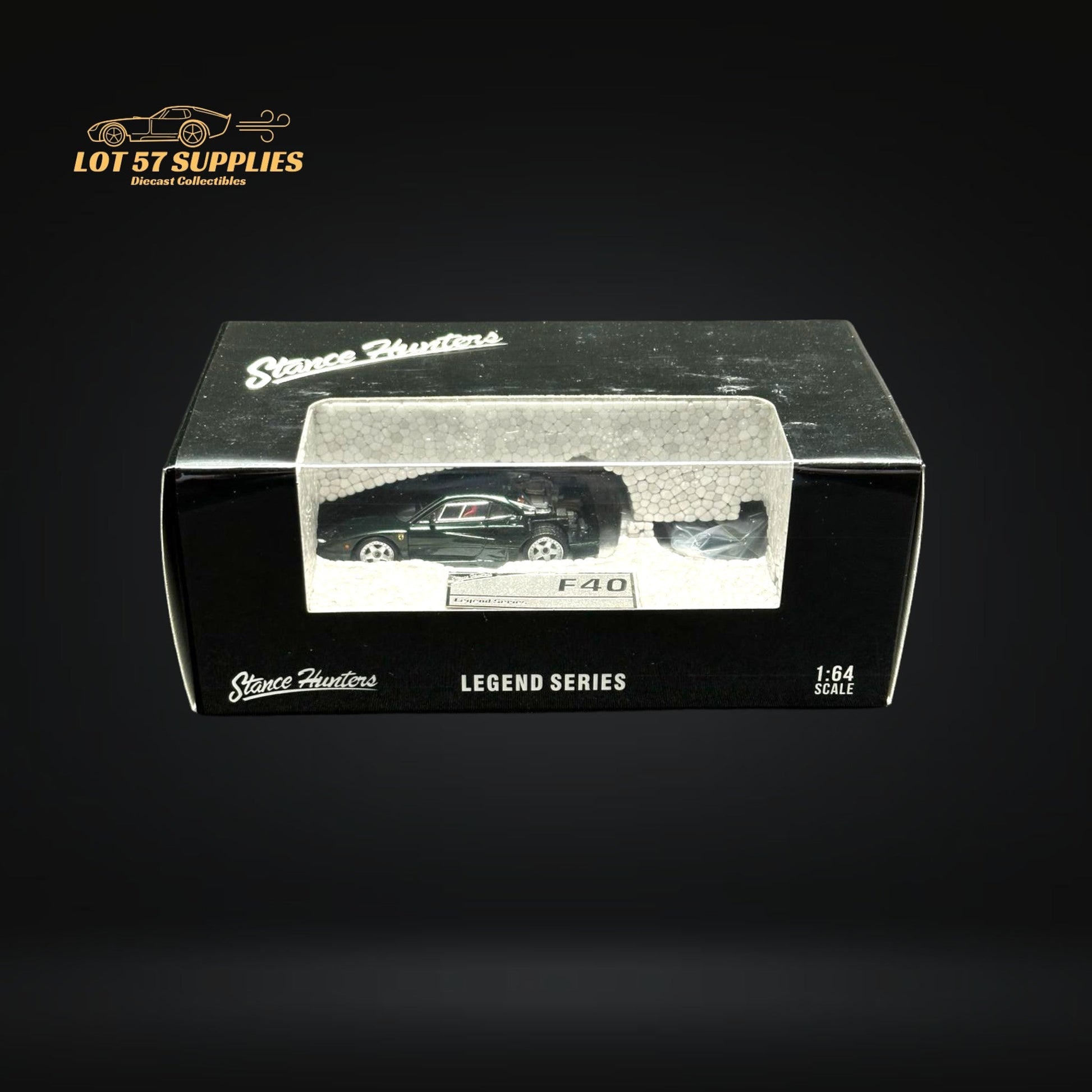 Diecast Ferrari Stance Hunters F40 LM model in British Green, 1:64 scale, featuring detailed design and aerodynamic features.