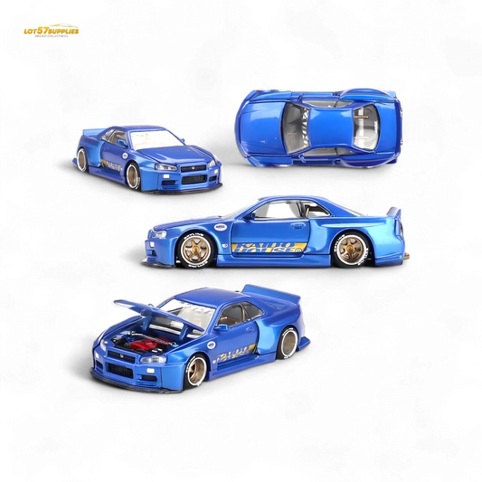 Mini GT x Kaido House Nissan Skyline GT-R R34 V2 Shinjuku Blue 1:64 - Evergreen Kings