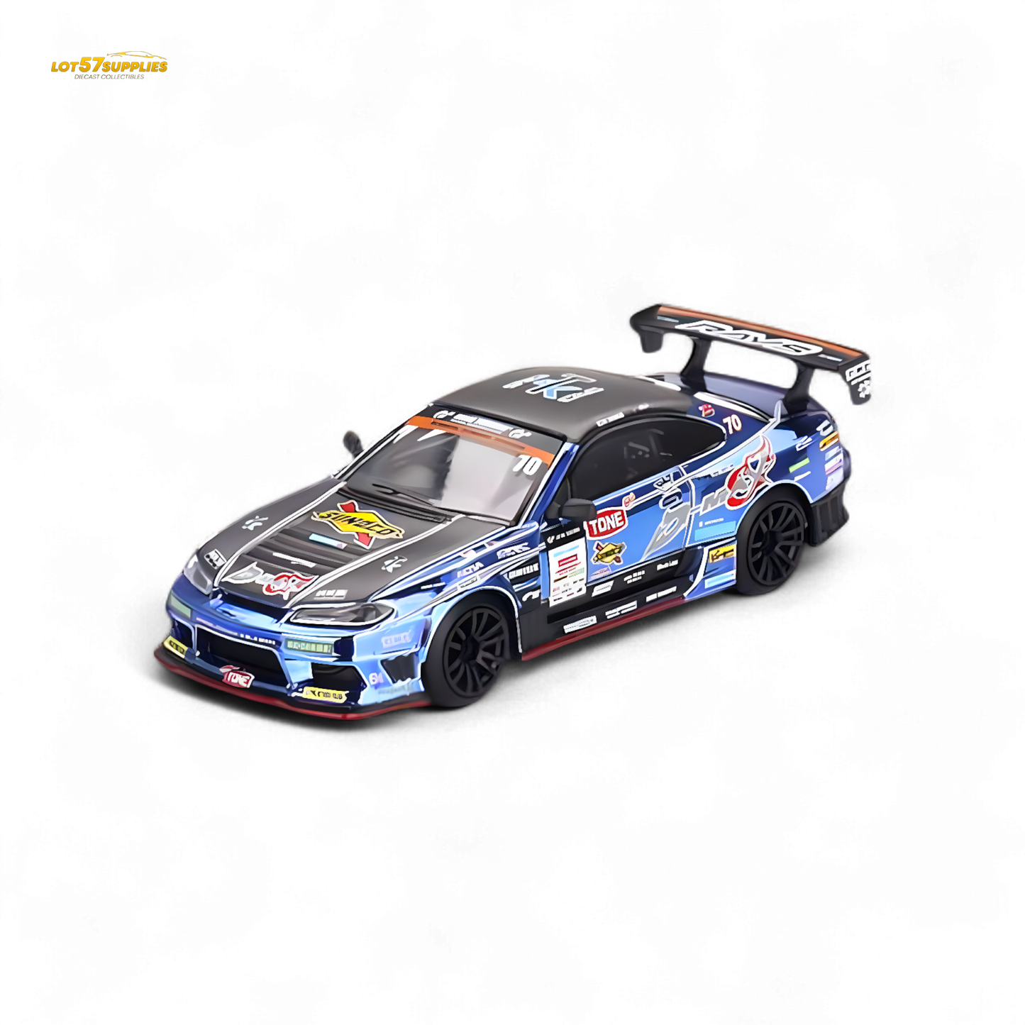 Mini GT Nissan S15 Silvia D-MAX #70 diecast model car, 1:64 scale, detailed Nissan replica from Japan exclusive collection.