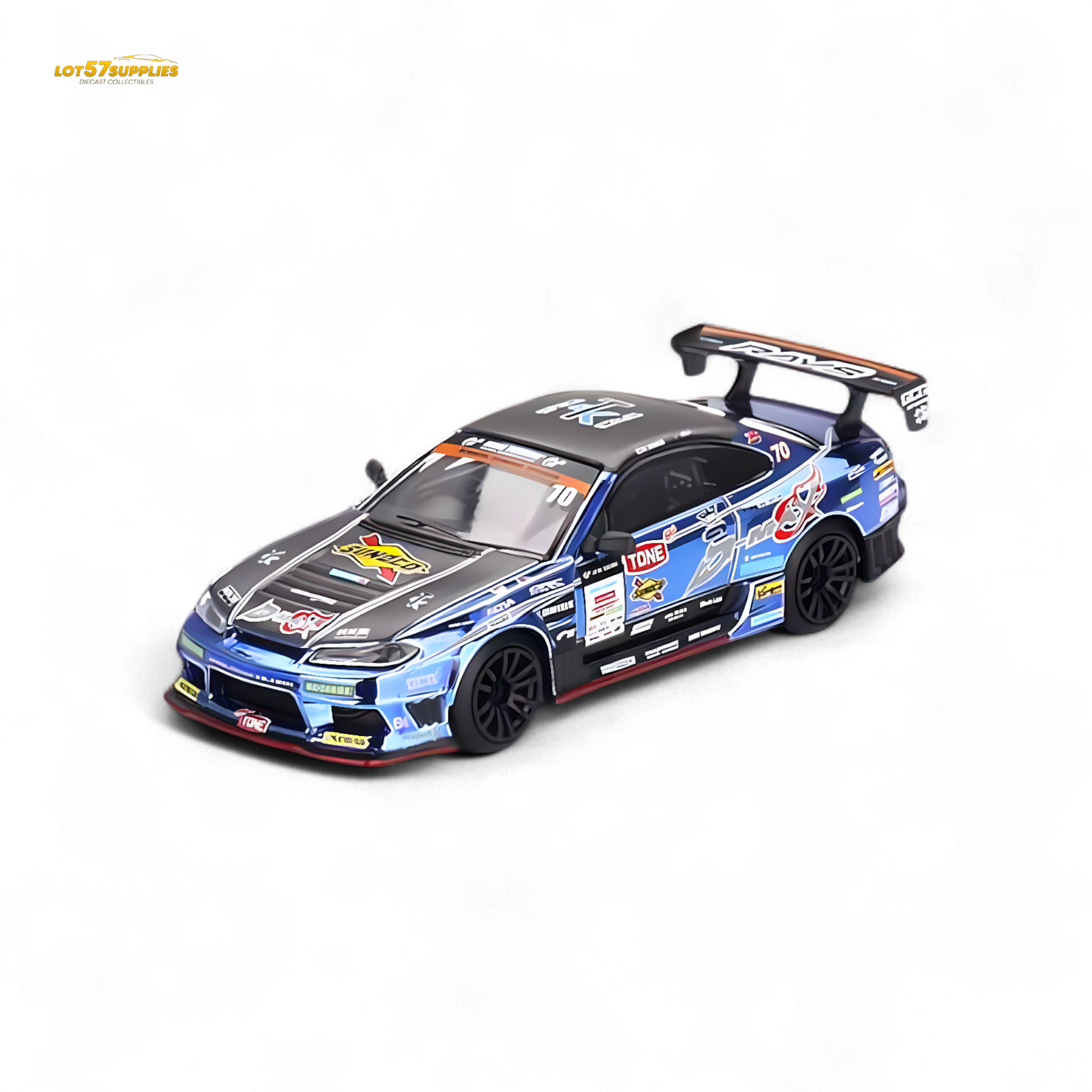Mini GT Nissan S15 Silvia D-MAX #70 diecast model car, 1:64 scale, detailed Nissan replica from Japan exclusive collection.