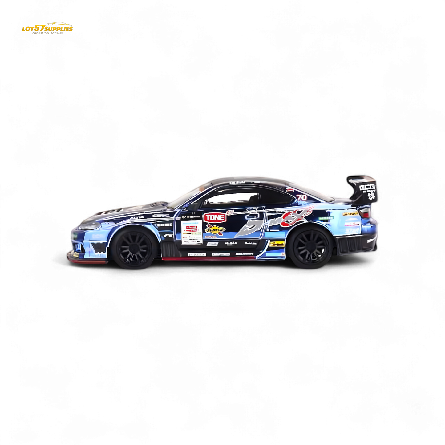 Mini GT Nissan S15 Silvia D-MAX #70 diecast model, 1:64 scale, detailed Nissan car in a dynamic racing pose.