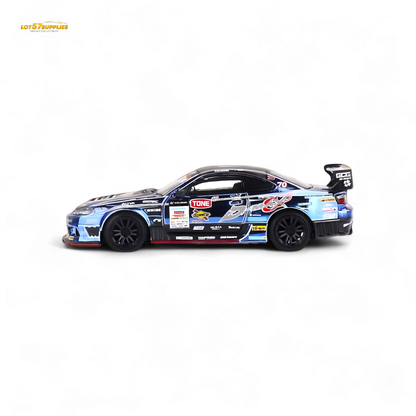 Mini GT Nissan S15 Silvia D-MAX #70 diecast model, 1:64 scale, detailed Nissan car in a dynamic racing pose.