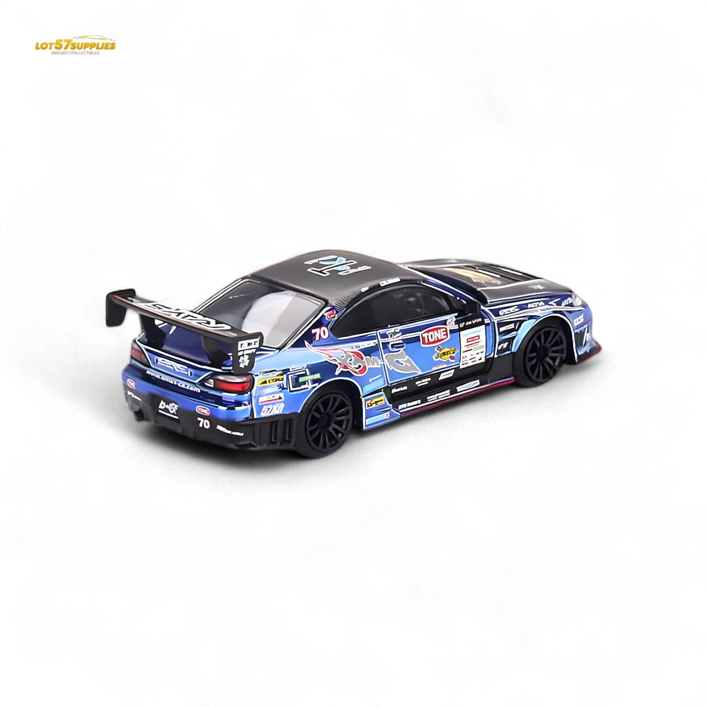 Mini-GT Nissan S15 Silvia D-MAX #70 diecast model car, 1:64 scale, detailed Nissan replica in black with racing decals.