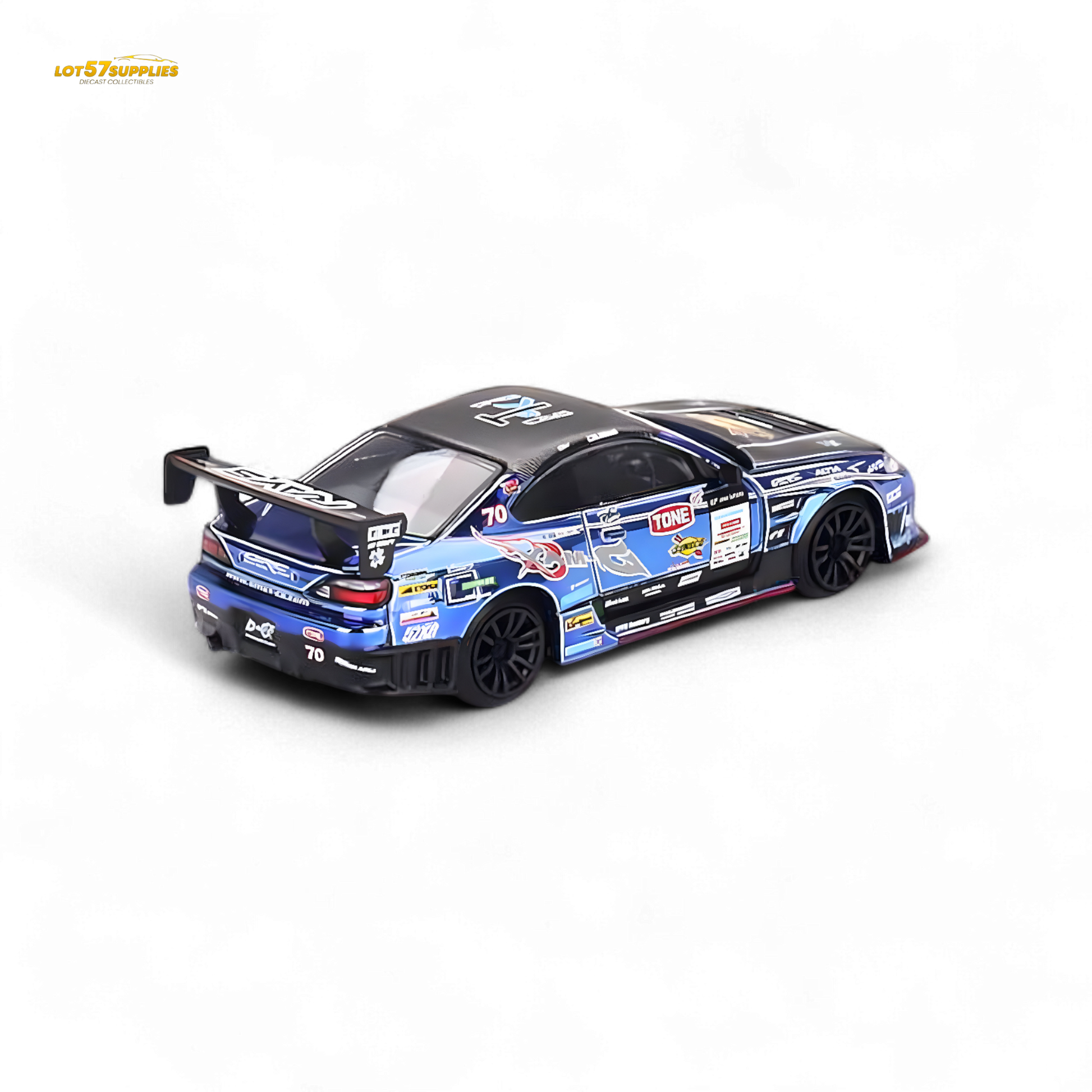 Mini-GT Nissan S15 Silvia D-MAX #70 diecast model car, 1:64 scale, detailed Nissan replica in black with racing decals.