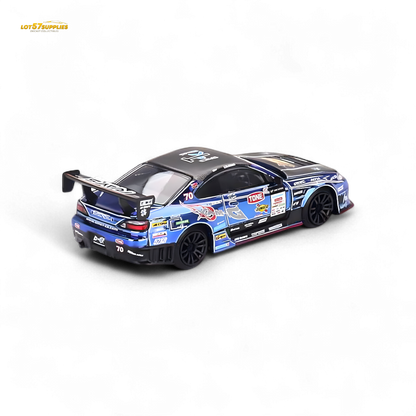 Mini-GT Nissan S15 Silvia D-MAX #70 diecast model car, 1:64 scale, detailed Nissan replica in black with racing decals.