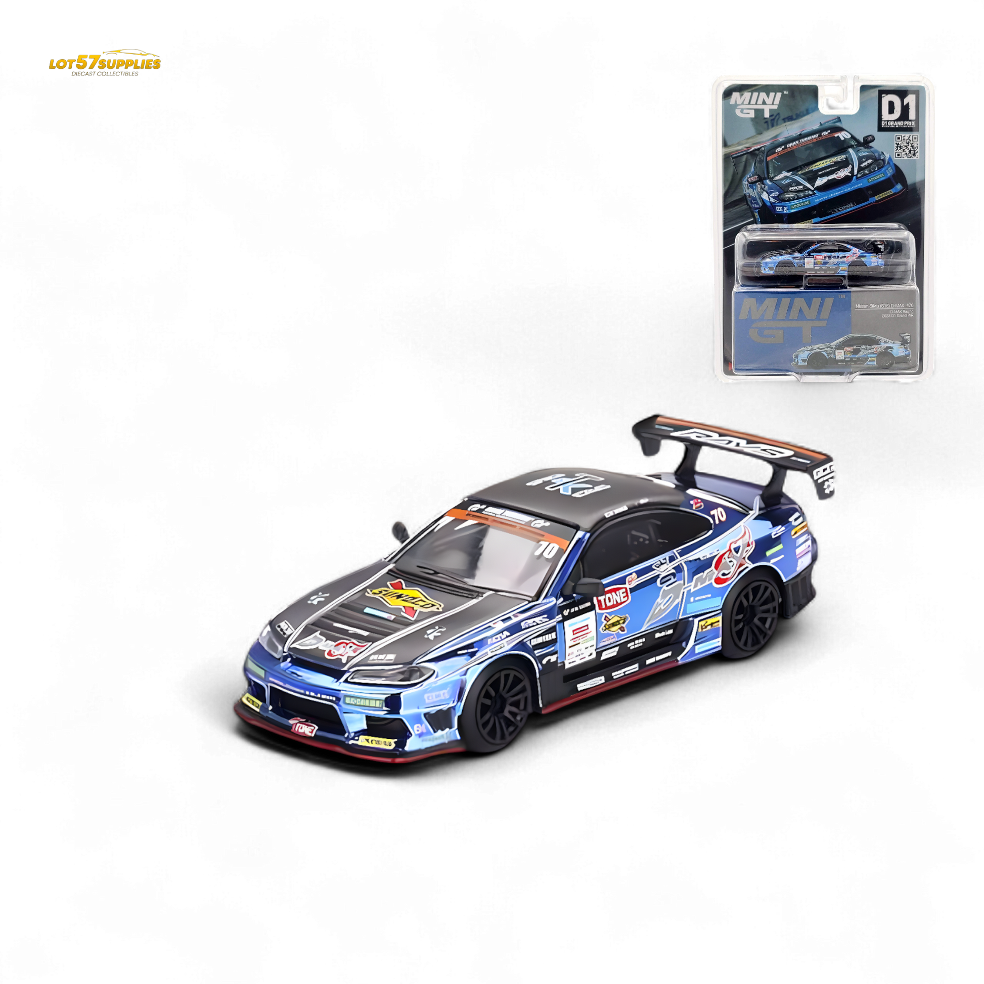 Mini GT Nissan S15 Silvia D-MAX #70 diecast model in 1:64 scale, showcasing detailed design and vibrant colors from the Japan exclusive series.