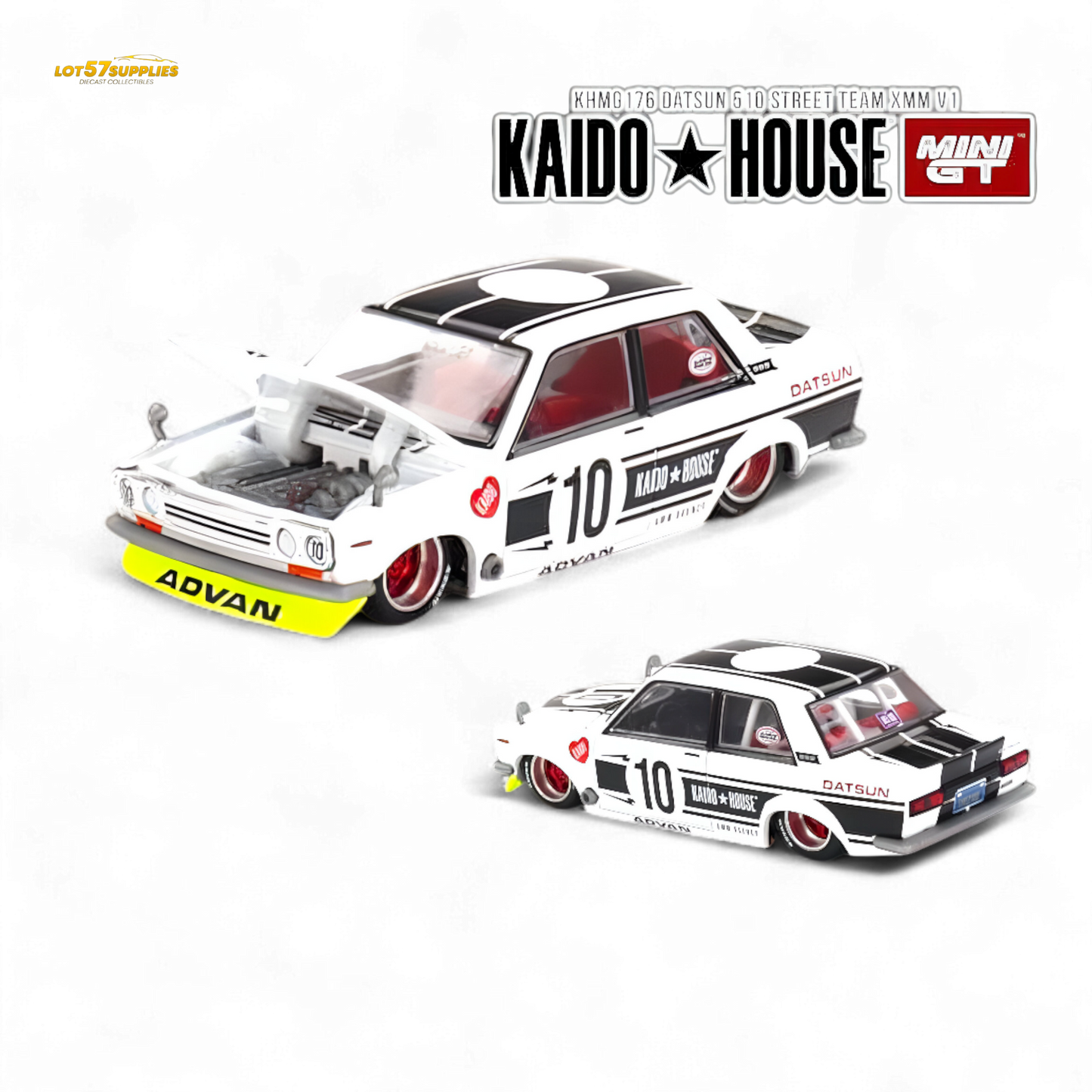 Detailed image of Lot57Supplies Diecast Shop Nissan Datsun 510 Street Team XMM 1:64 scale model car, showcasing its vibrant design.
