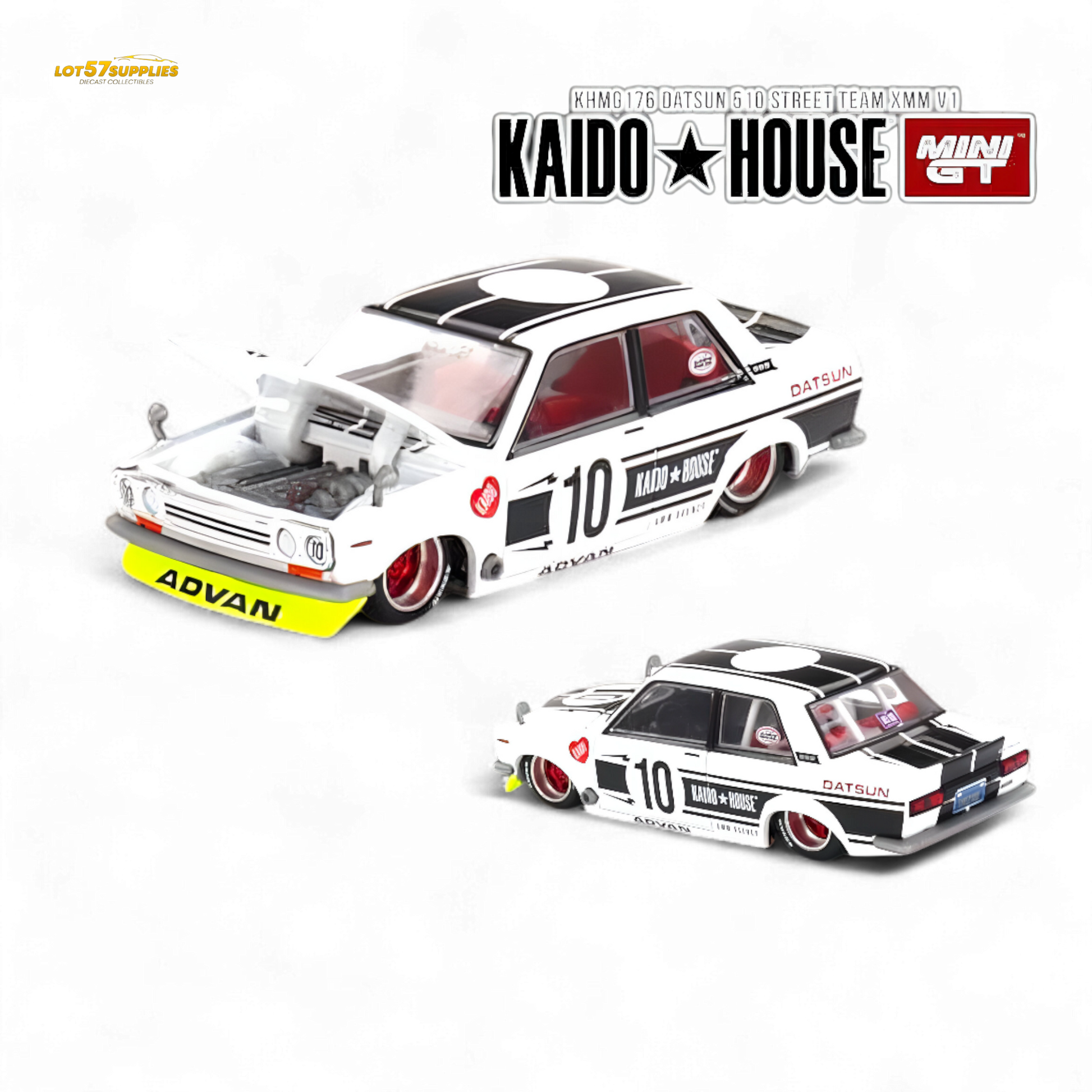 Detailed image of Lot57Supplies Diecast Shop Nissan Datsun 510 Street Team XMM 1:64 scale model car, showcasing its vibrant design.
