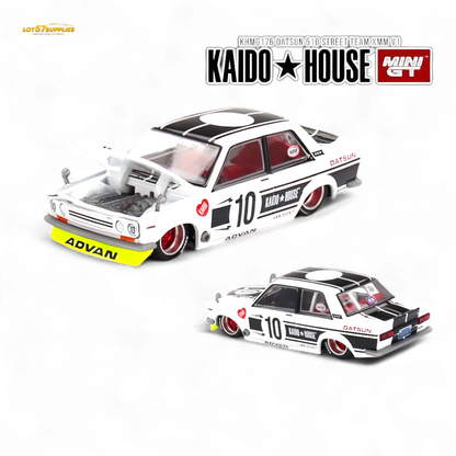 Detailed image of Lot57Supplies Diecast Shop Nissan Datsun 510 Street Team XMM 1:64 scale model car, showcasing its vibrant design.