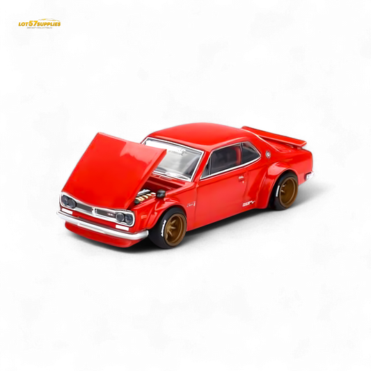 Red Nissan Skyline 2000GT-R (KPGC10) diecast model by Lot57Supplies, detailed 1:64 scale car from the Kaido House collection.