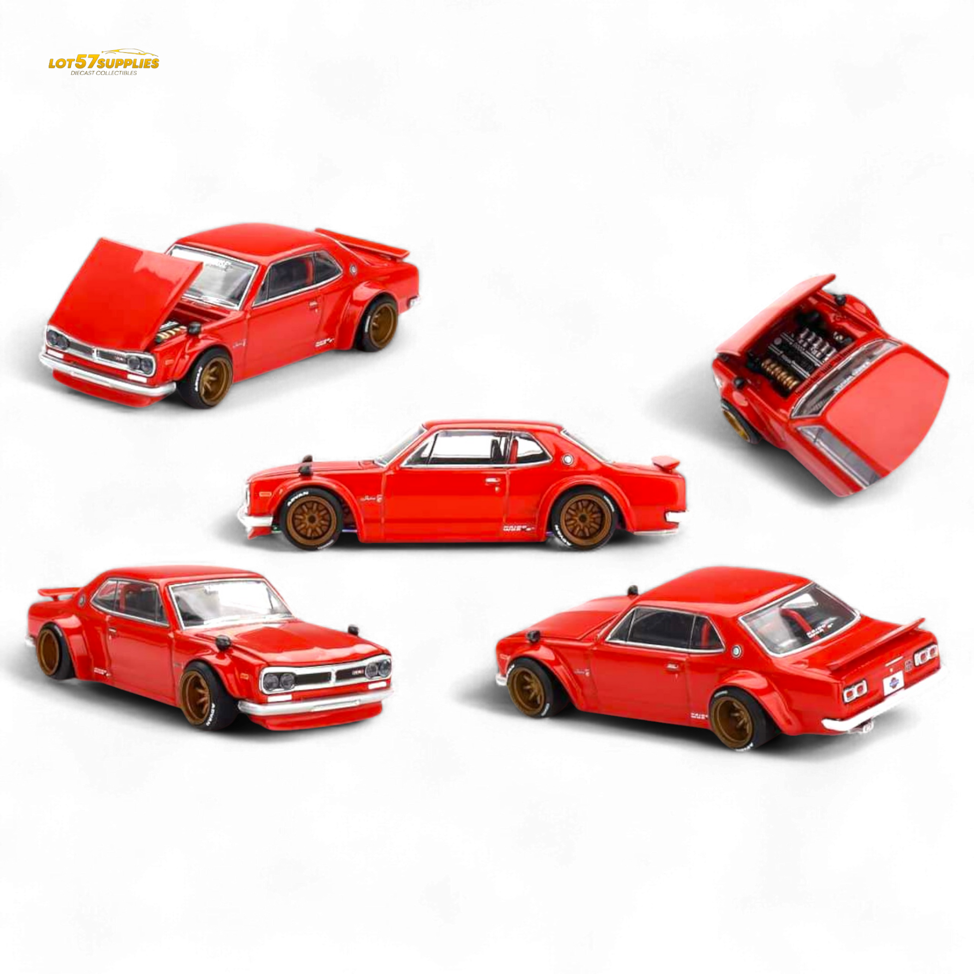Red Nissan Skyline 2000GT-R (KPGC10) diecast model in 1:64 scale, featuring detailed exterior and authentic design from Lot57Supplies.