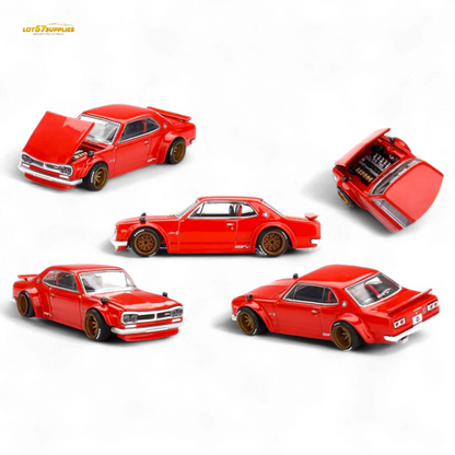 Red Nissan Skyline 2000GT-R (KPGC10) diecast model in 1:64 scale, featuring detailed exterior and authentic design from Lot57Supplies.