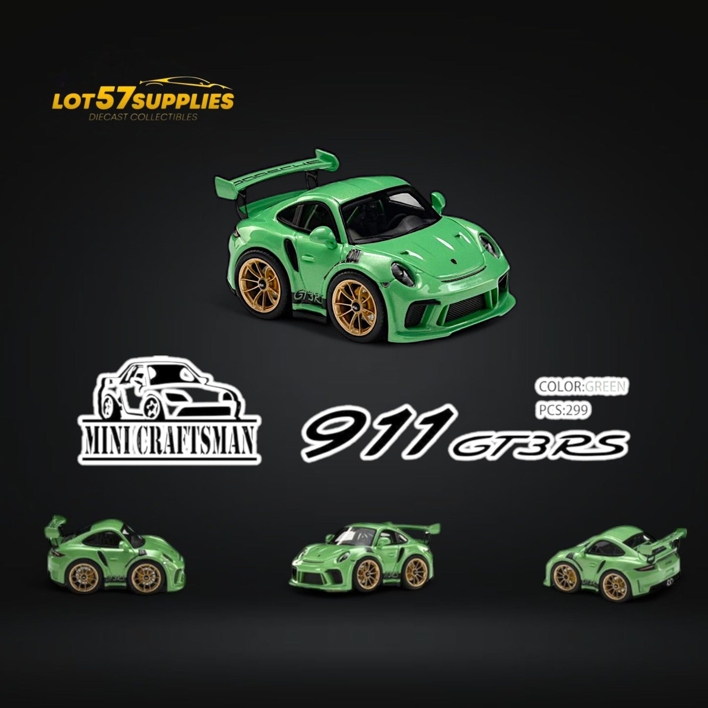 Green 1:64 scale Porsche 911 GT3 RS diecast model by Minicraftsmann, detailed miniature car for collectors and enthusiasts.