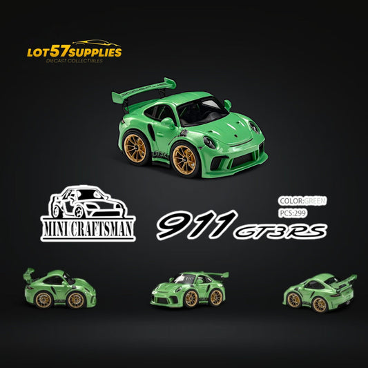 Green 1:64 scale Porsche 911 GT3 RS diecast model by Minicraftsmann, detailed miniature car for collectors and enthusiasts.